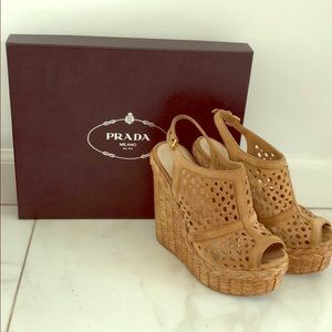 PRADA Perforated Raffia Wedge size 36